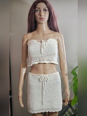 Tiger Mist Cream Crochet Tube Top & Skirt Set Lined Strapless